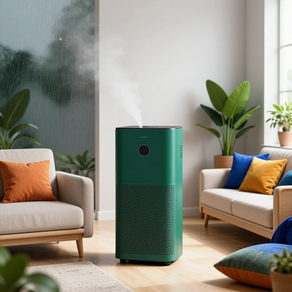 A cozy living space showing a humid side with mist and droplets juxtaposed with a bright dry decor side, highlighting a dehumidifier in the center.