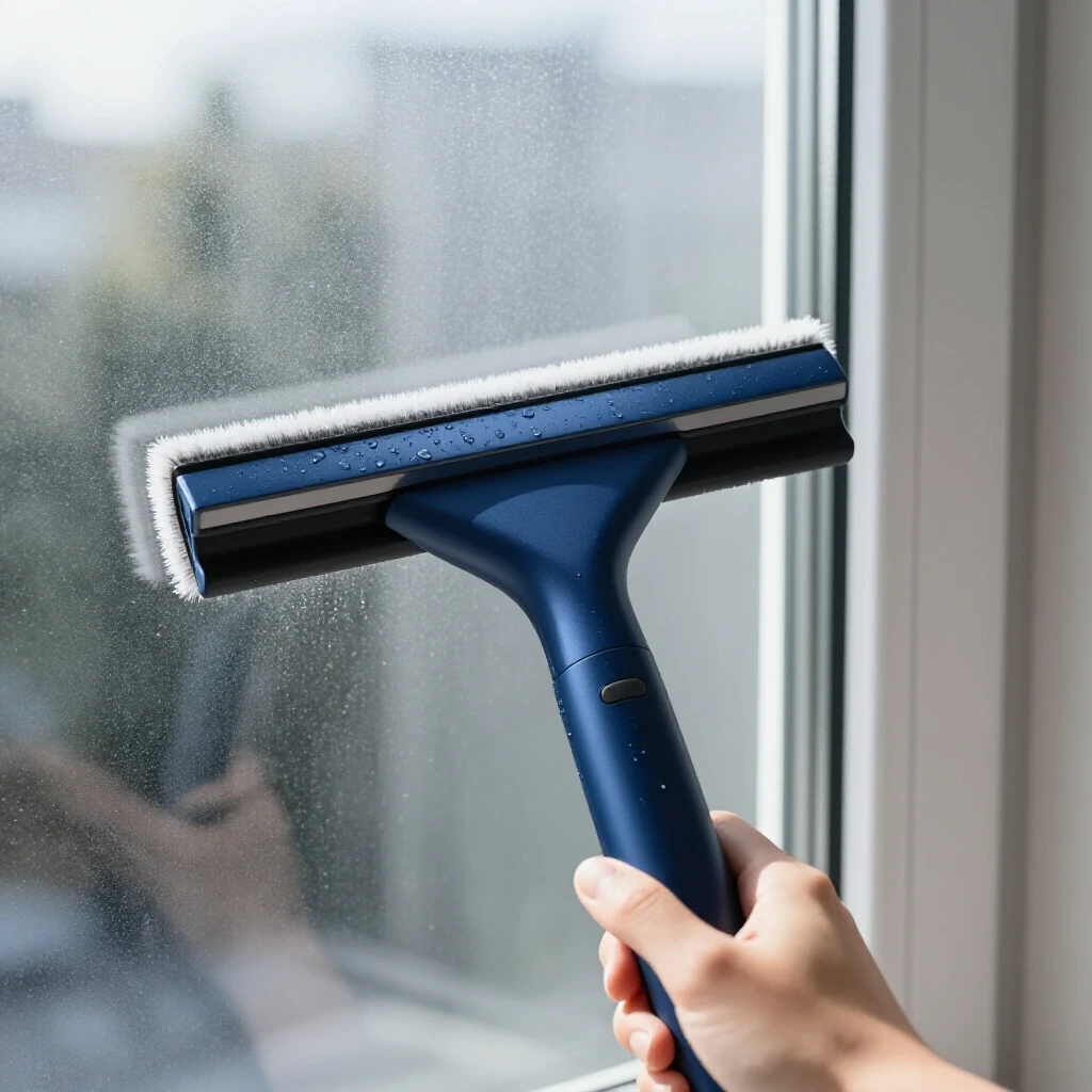 Close-up of a shiny, streak-free window with sunlight, dirty window behind, and a hand holding a modern cleaning tool.