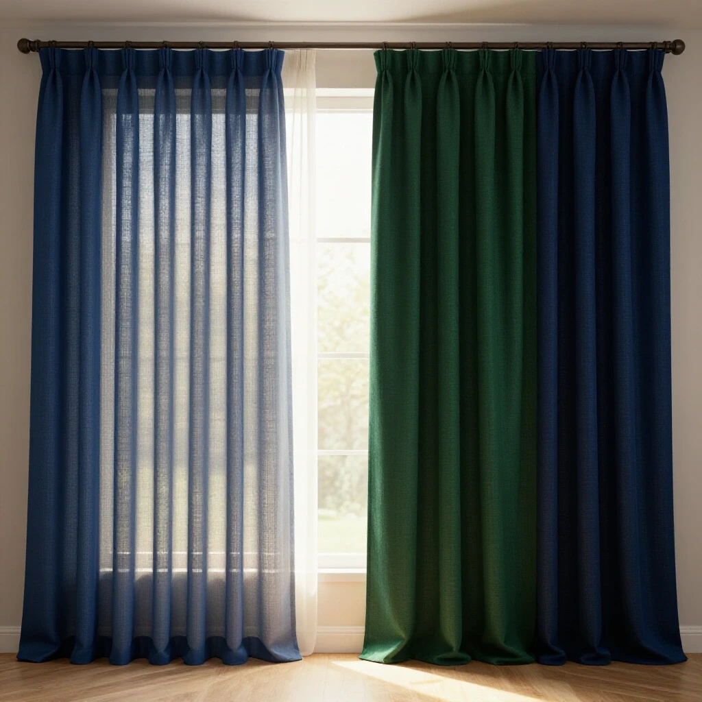 Cozy room highlighting contrasting window coverings: sheer light-filtering curtains and heavy dark drapes.