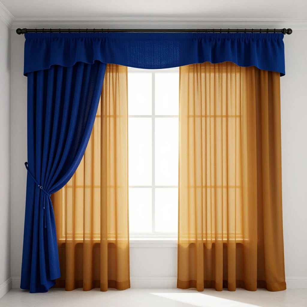 A renovated room showcasing elegant and sheer window treatments, highlighting contrasting styles in vibrant colors.