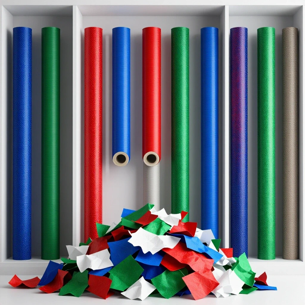 An organized display of colorful rolling wrapping papers with a chaotic pile of crumpled paper in front, showcasing storage solutions.