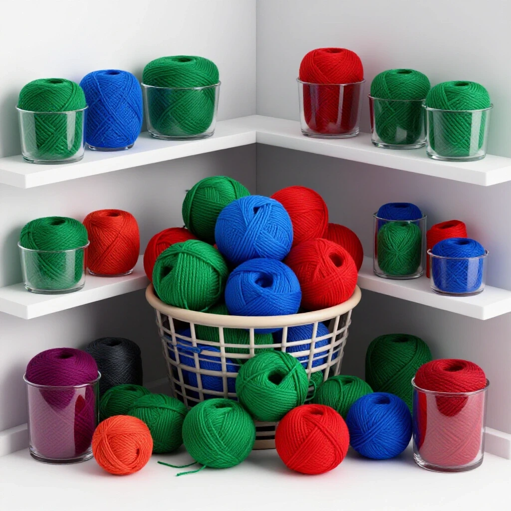 A cozy yarn storage corner featuring vibrant colorful yarns in a basket and neatly organized containers.