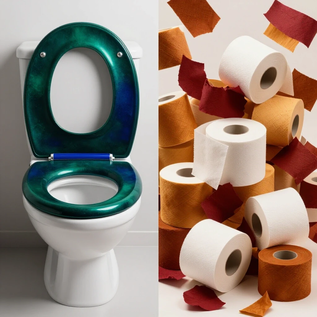A luxurious emerald green bidet seat contrasted against a chaotic roll of toilet paper, showcasing cleanliness vs. messiness.