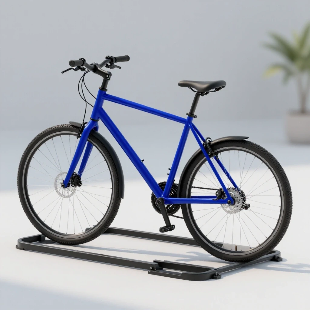 A vibrant bike leaning against a partially installed bike rack in a bright, clean studio environment with soft shadows.