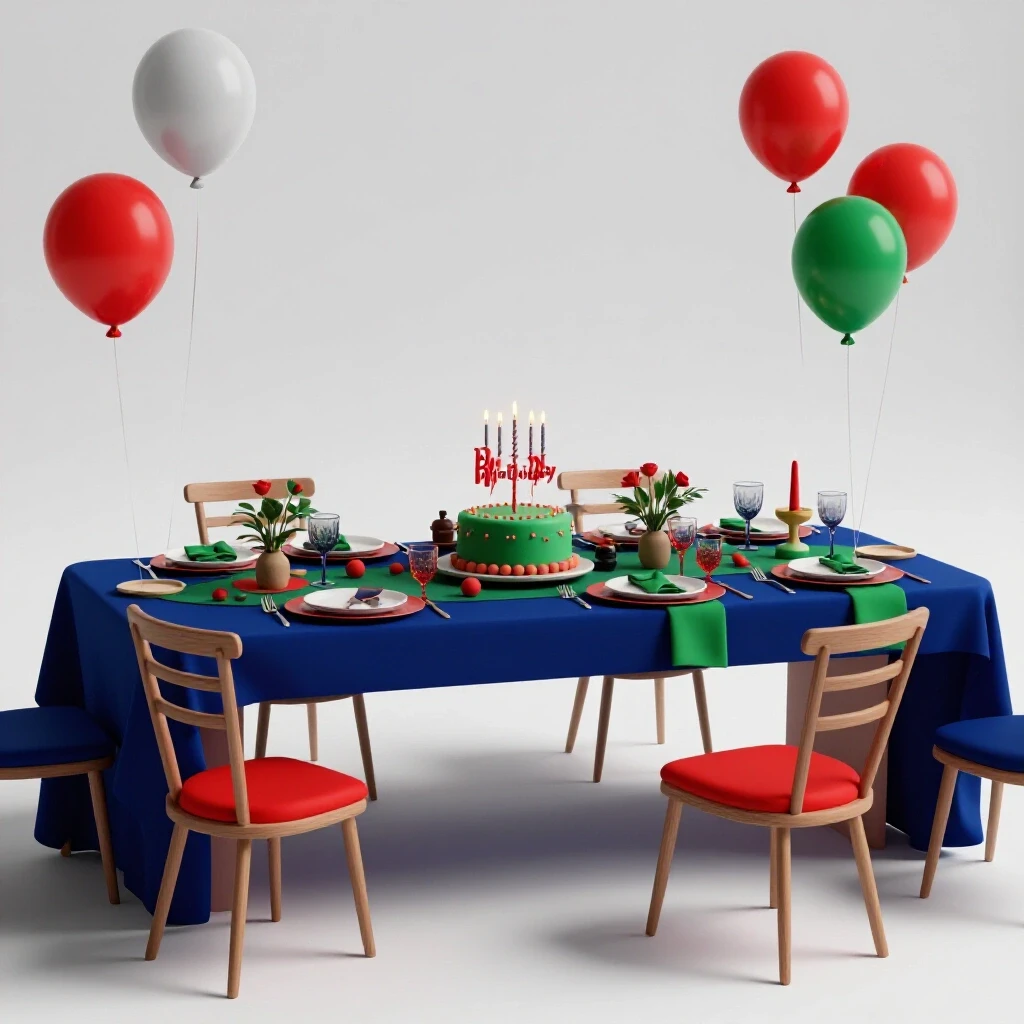 Luxurious and DIY birthday party table setup with rich colors on a bright, clean background.