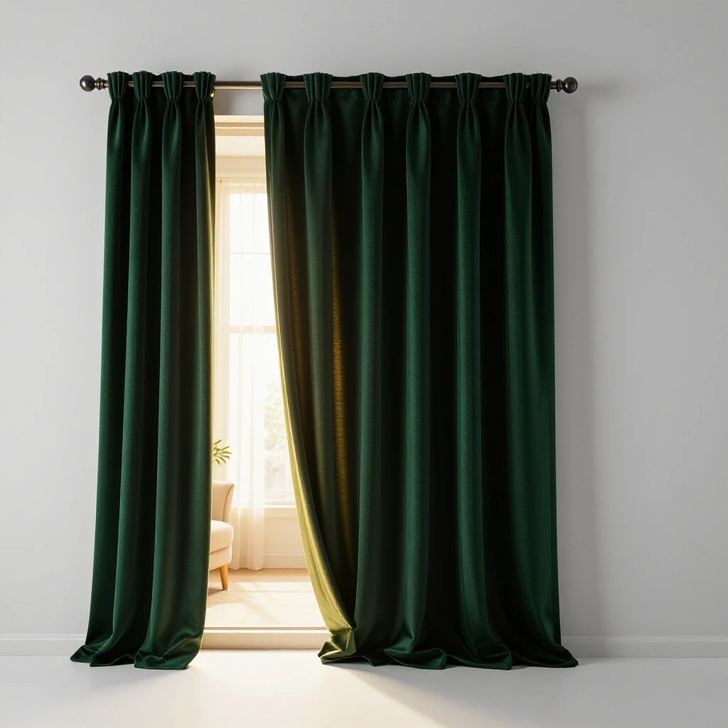 A luxurious dark blackout curtain partially drawn, revealing a bright sunlit room and a cozy dimly lit room beside it.