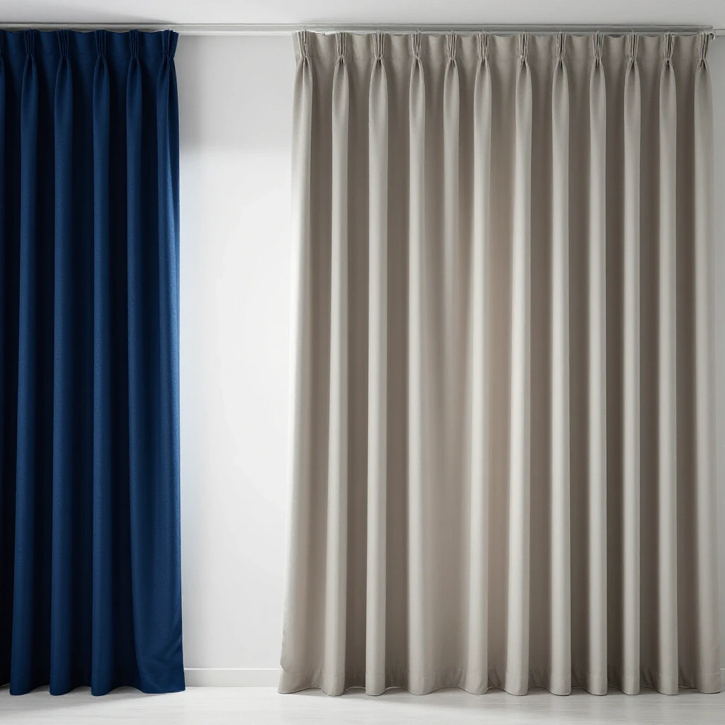 A serene bedroom split image comparing blackout curtains in deep colors and shades in lighter tones, illustrating sleep improvement benefits.