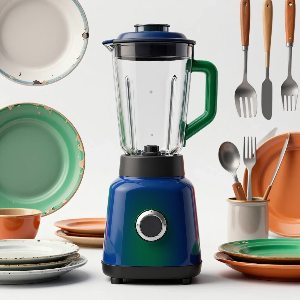 A pristine, glossy blender surrounded by vibrant, worn kitchen items like chipped plates and stained utensils, highlighting durability.