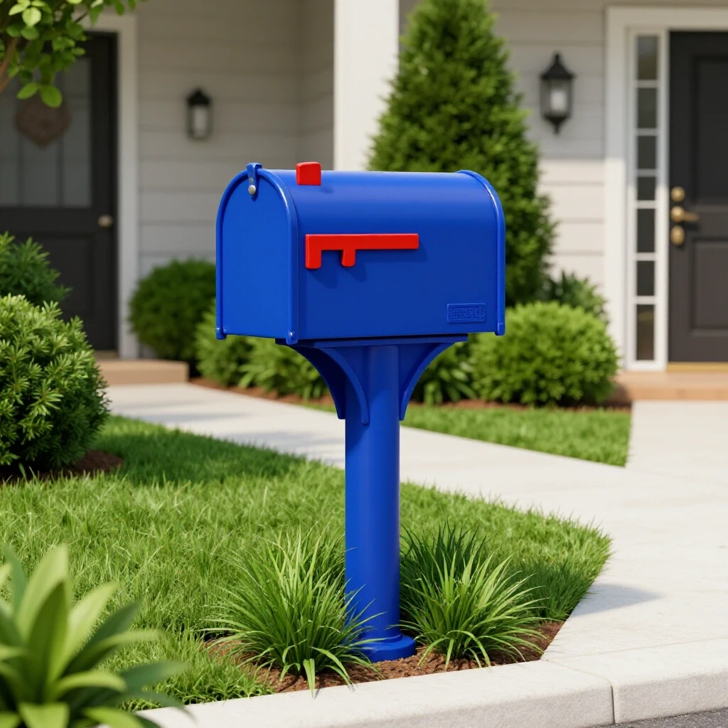 A vibrant mailbox in a well-landscaped front yard, enhancing curb appeal with deep colors and inviting design elements.
