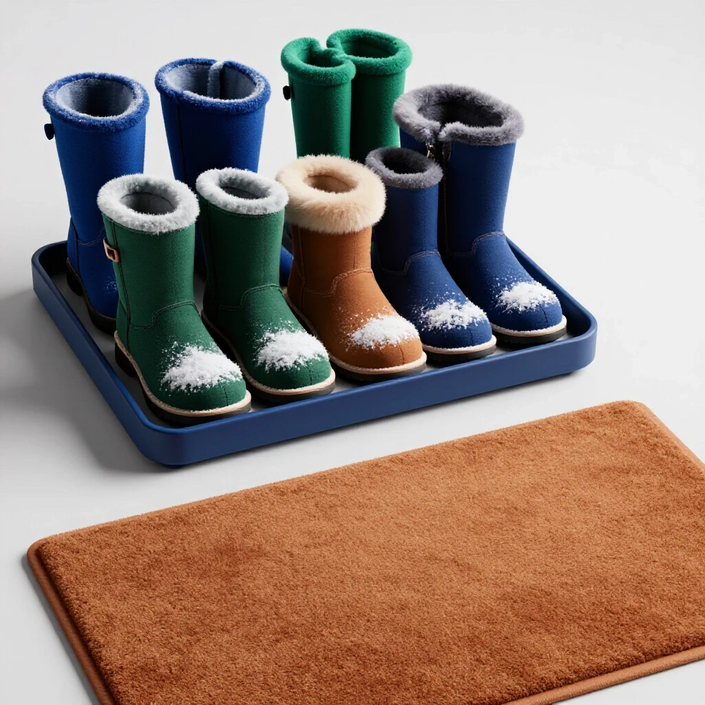 A visually striking split image comparing a boot tray filled with snow-dusted boots to a neatly arranged warm-textured mat, highlighting winter entryway essentials.