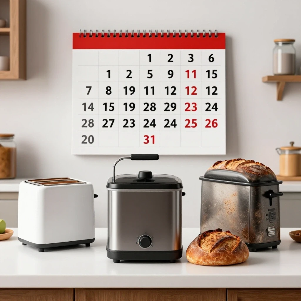 Rustic kitchen scene with a modern bread maker, freshly baked bread, and a calendar marking one year anniversary.