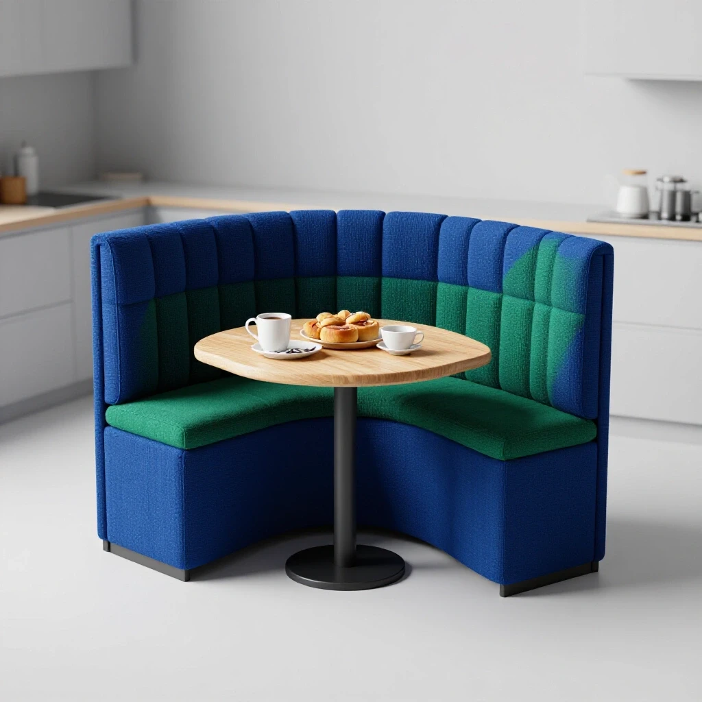 A cozy breakfast nook with vibrant furnishings and textures in a well-decorated kitchen.