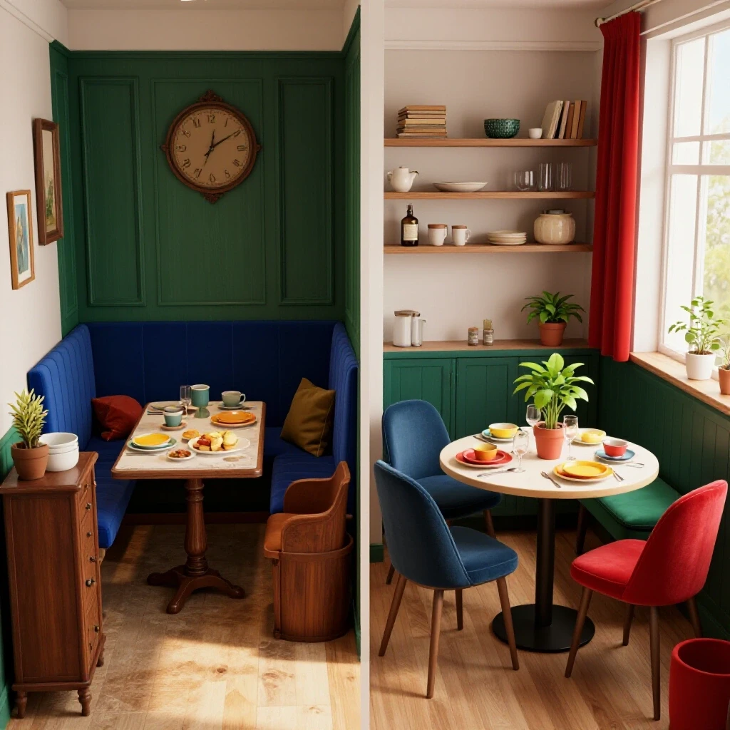 A bright, inviting breakfast nook showing an outdated space on the left and a modern design on the right.