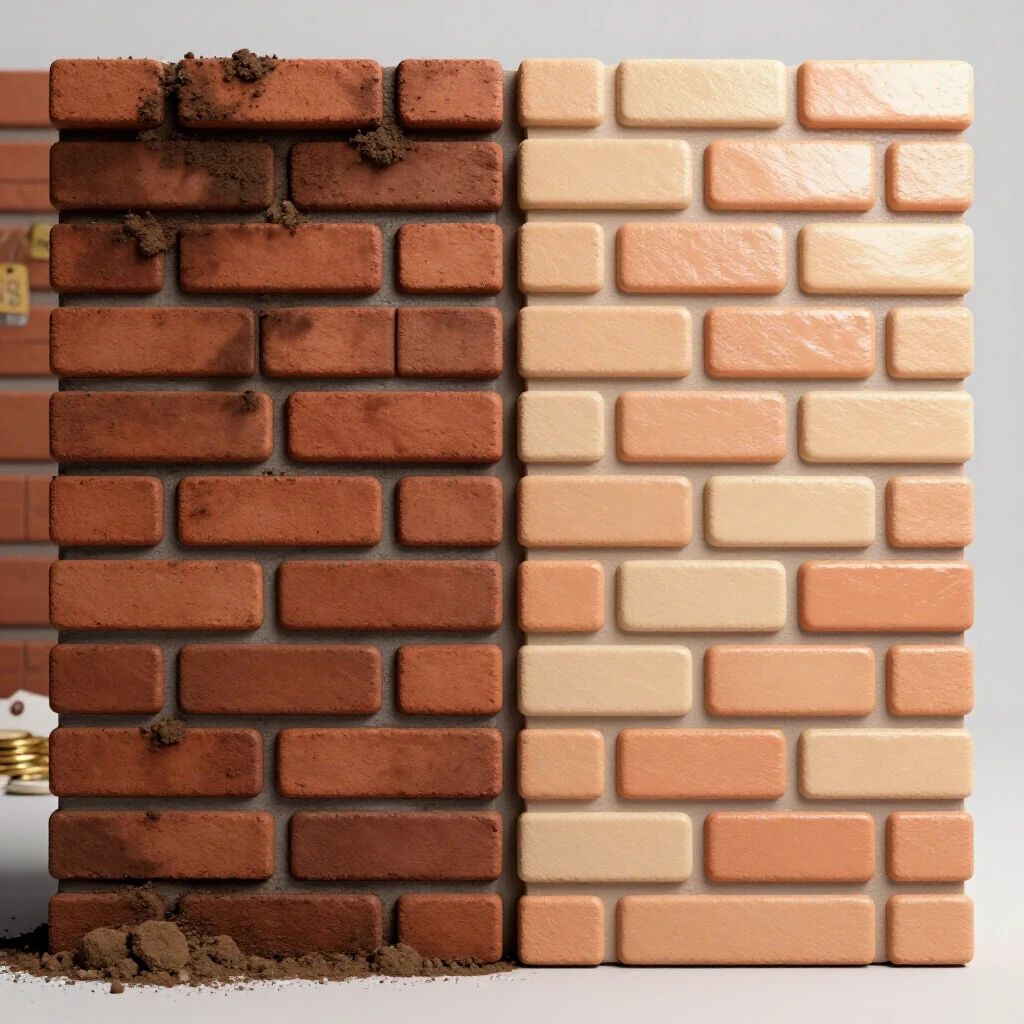 A split image showing a neglected brick wall on the left and a freshly cleaned brick wall on the right, symbolizing cleaning solutions.