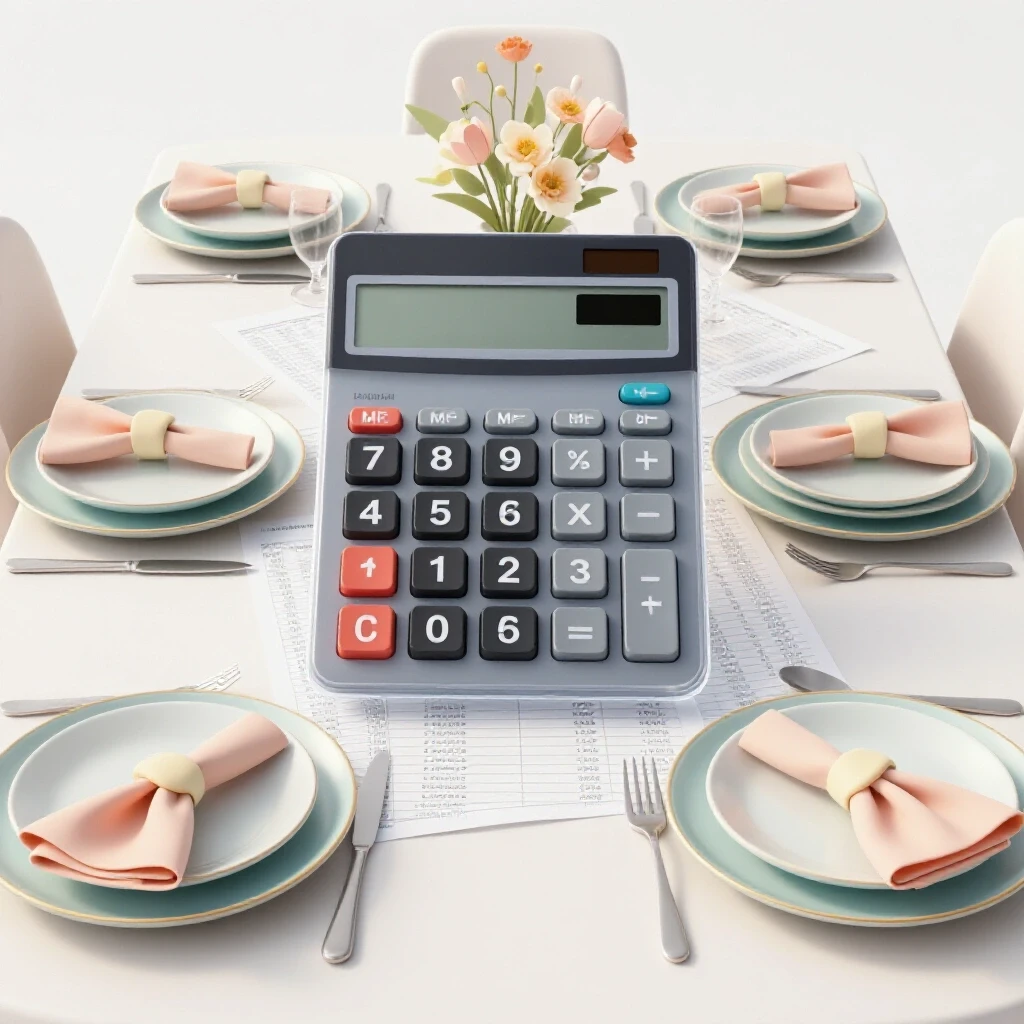 A baby shower table setting in soft pastels with a transparent overlay of a calculator and budget sheets to illustrate budgeting for decor.