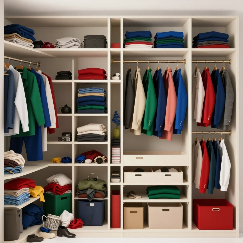 A split image showing a cluttered closet on the left and a beautifully organized closet makeover on the right, emphasizing transformation.