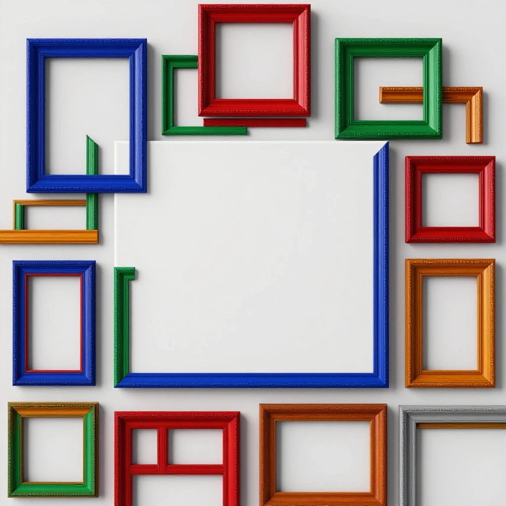 A vibrant array of colorful frames arranged around a blank canvas, showcasing budget-friendly framing options.