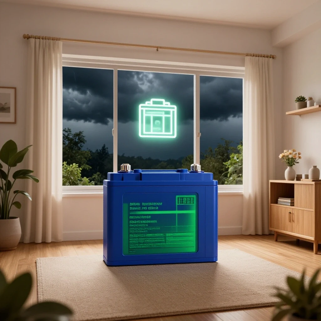 A cozy home interior featuring a battery backup unit illuminated against a dark, stormy background, symbolizing safety during outages.