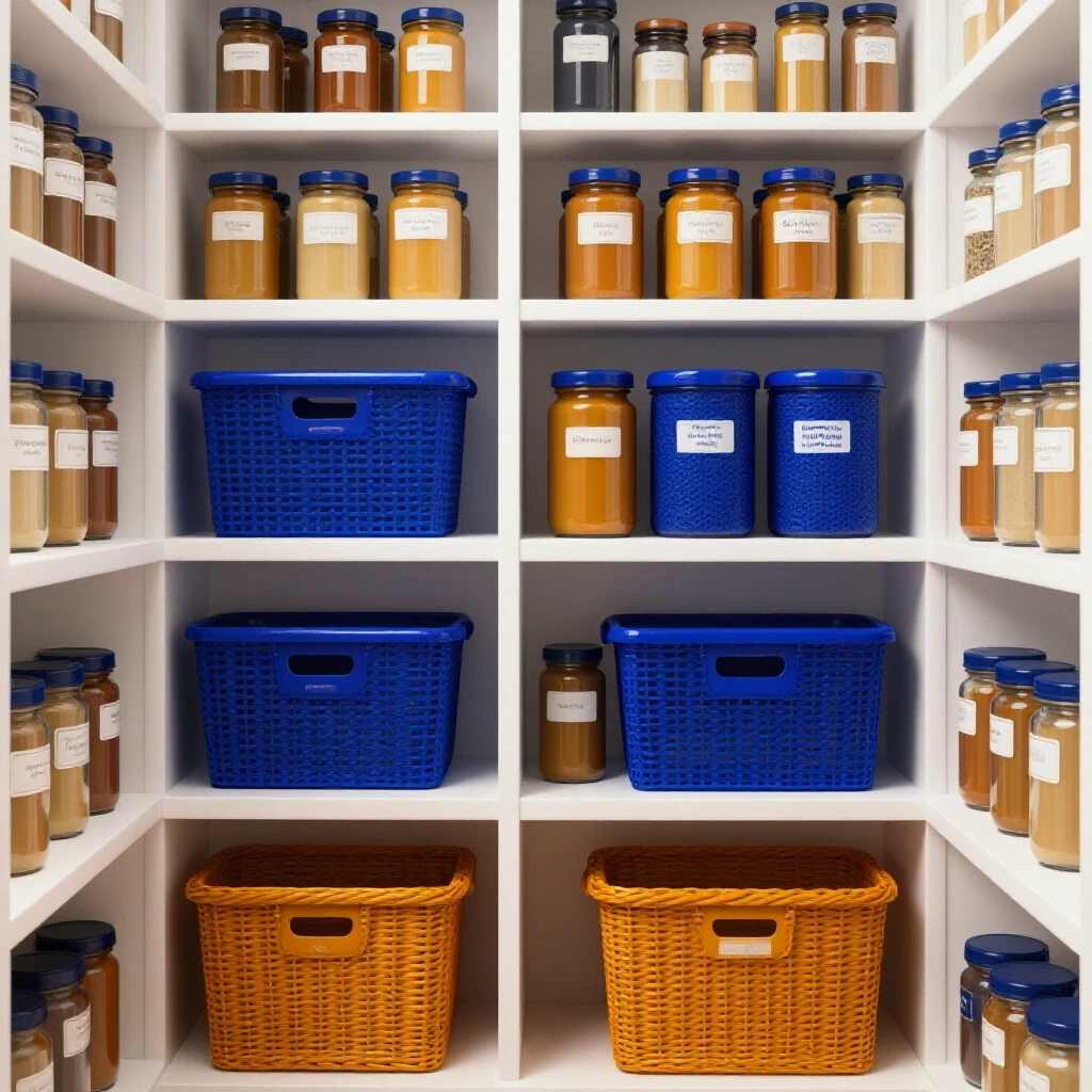 An organized pantry with vibrant, labeled jars and baskets, contrasted by a chaotic pantry in the background.