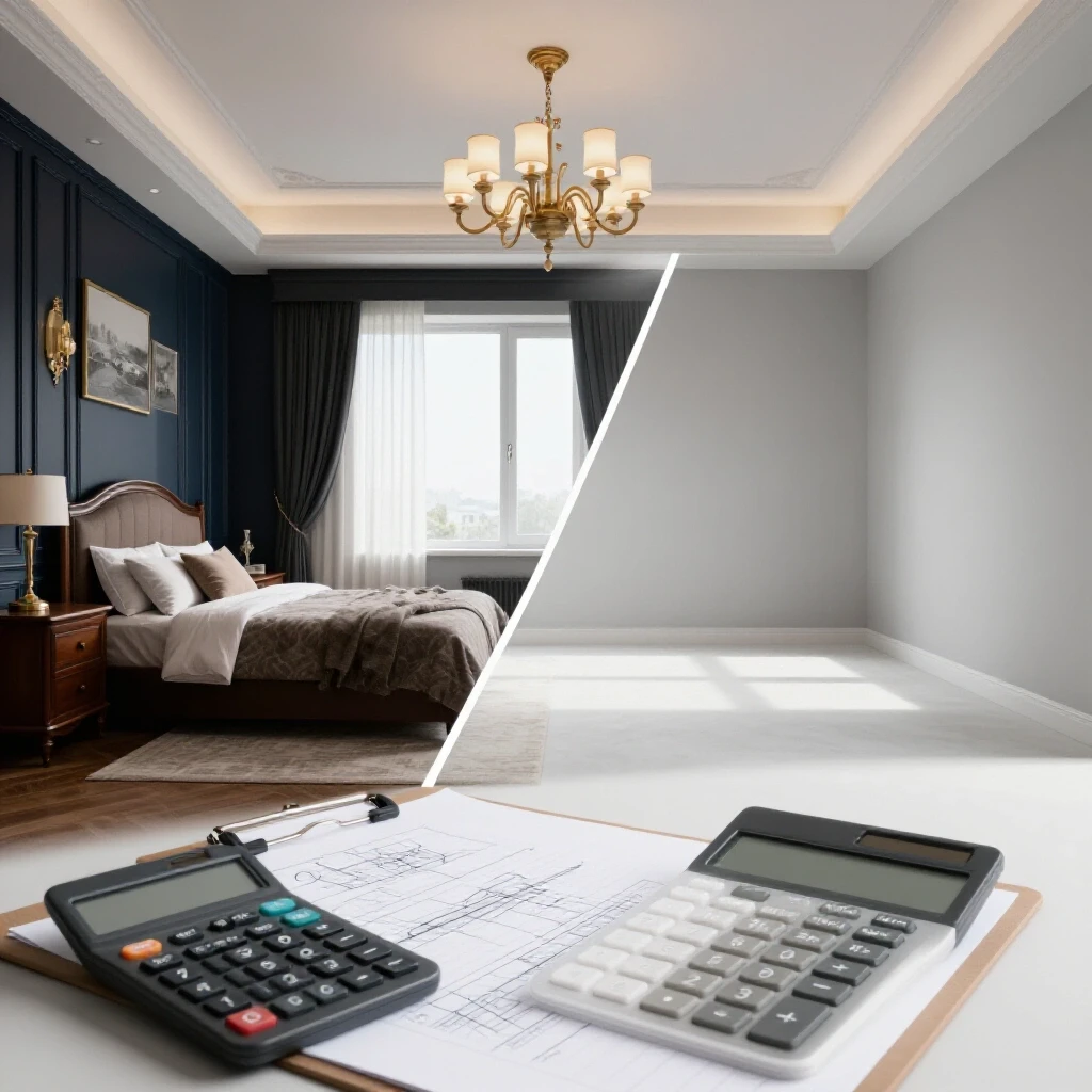 A split image contrasting a beautifully renovated room and an unfinished space with renovation materials.