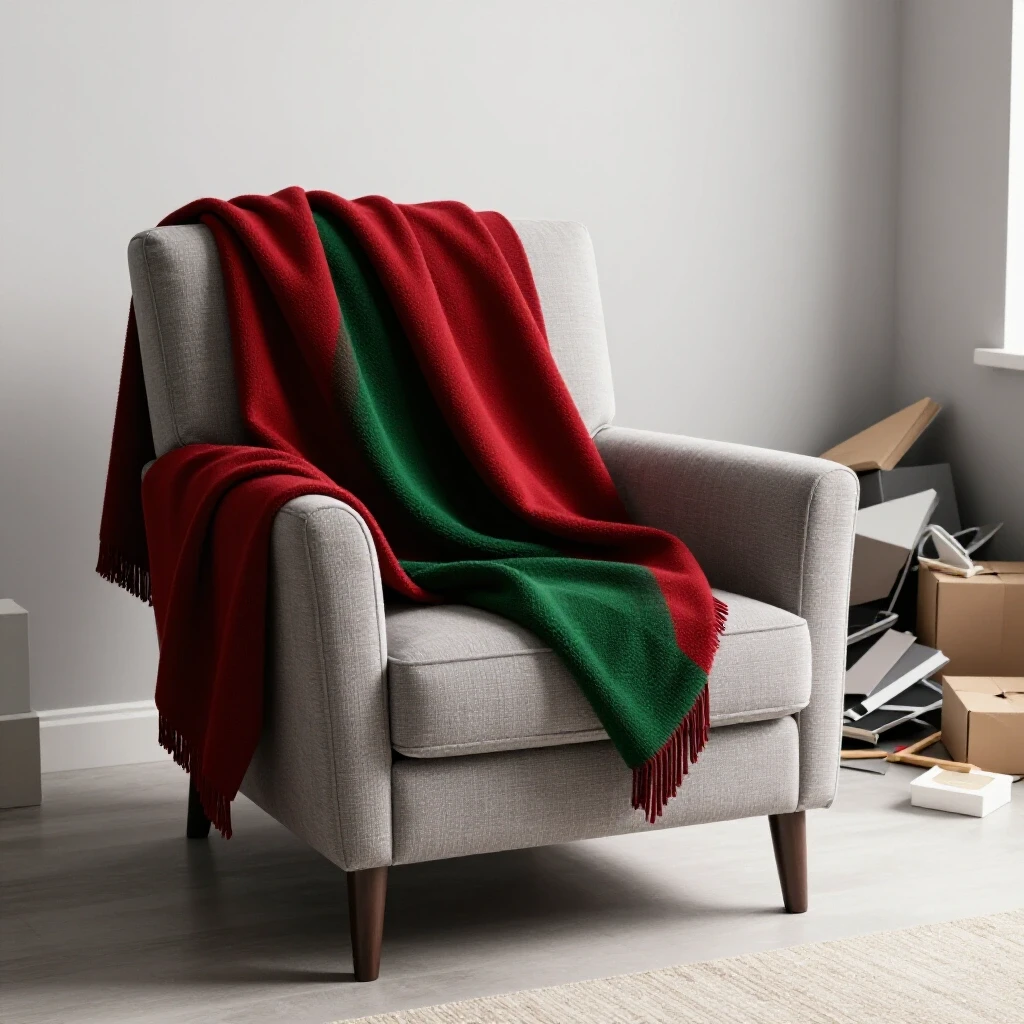 Vibrant seasonal blanket on a stylish armchair in a cozy living room, bright and clean background.