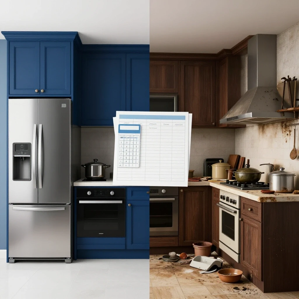 Split image of a modern kitchen and an outdated kitchen, highlighting appliance replacement budgeting.