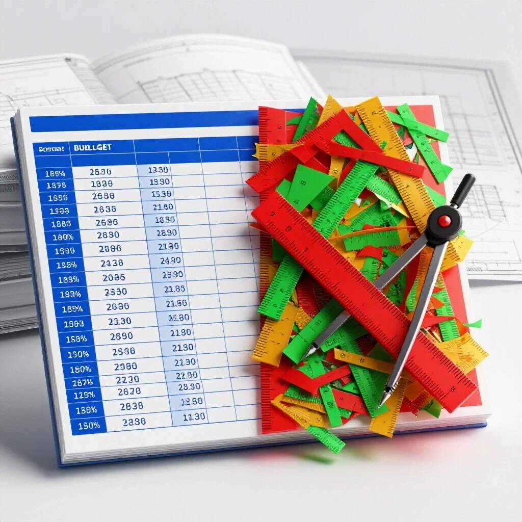 A 3D image contrasting a polished budget sheet with a chaotic design plan, symbolizing financial control and creative freedom.