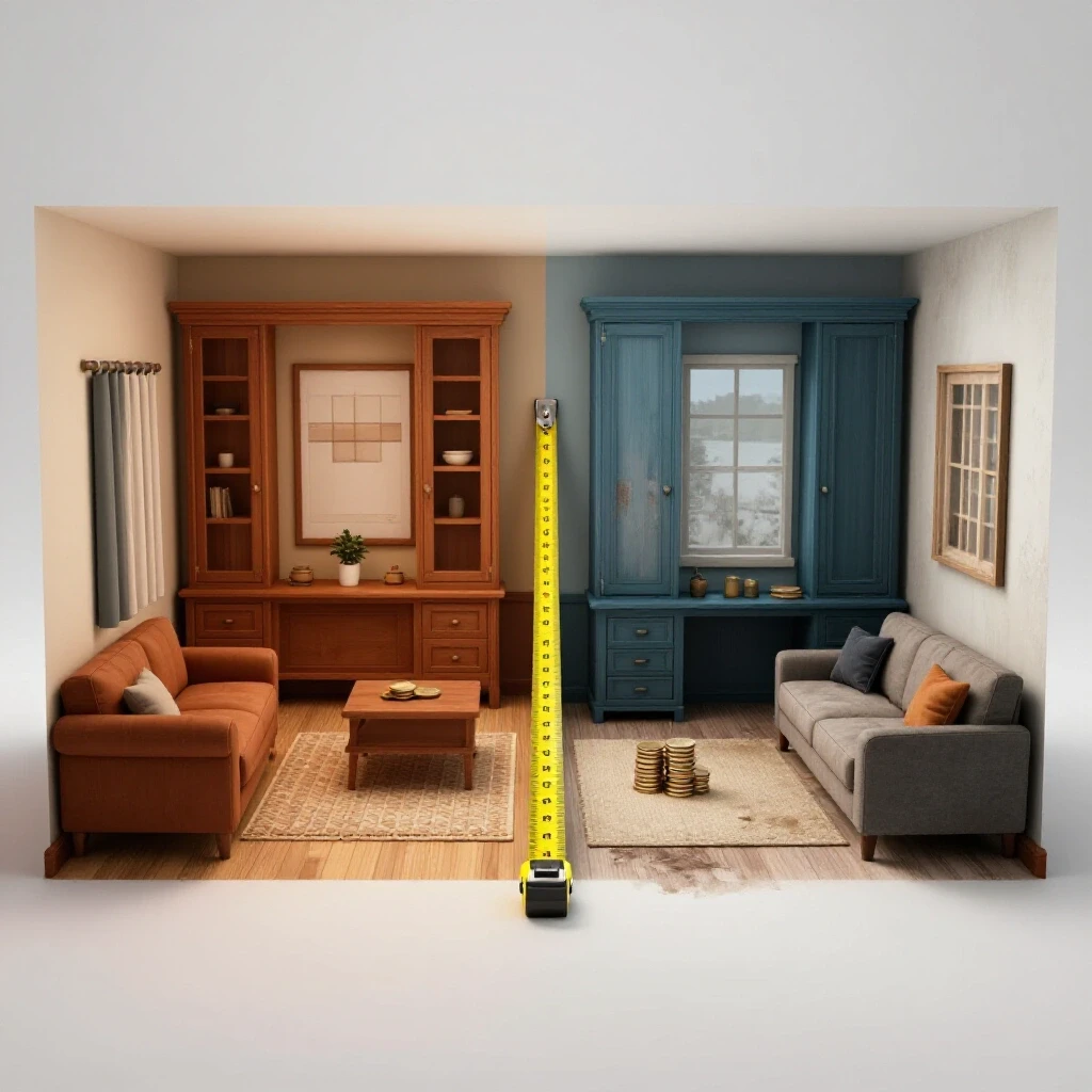 A split view of a well-maintained room and a worn-out room, divided by a tape measure, symbolizing budget considerations for home repairs.