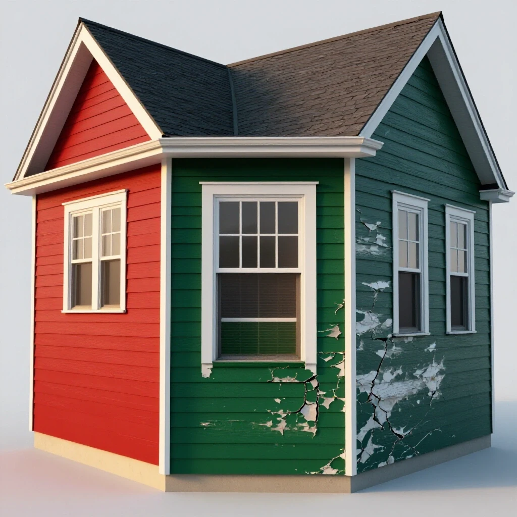 A 3D-rendered image of a split house design showing vibrant new siding on one side and deteriorated siding on the other, illustrating siding repair urgency.