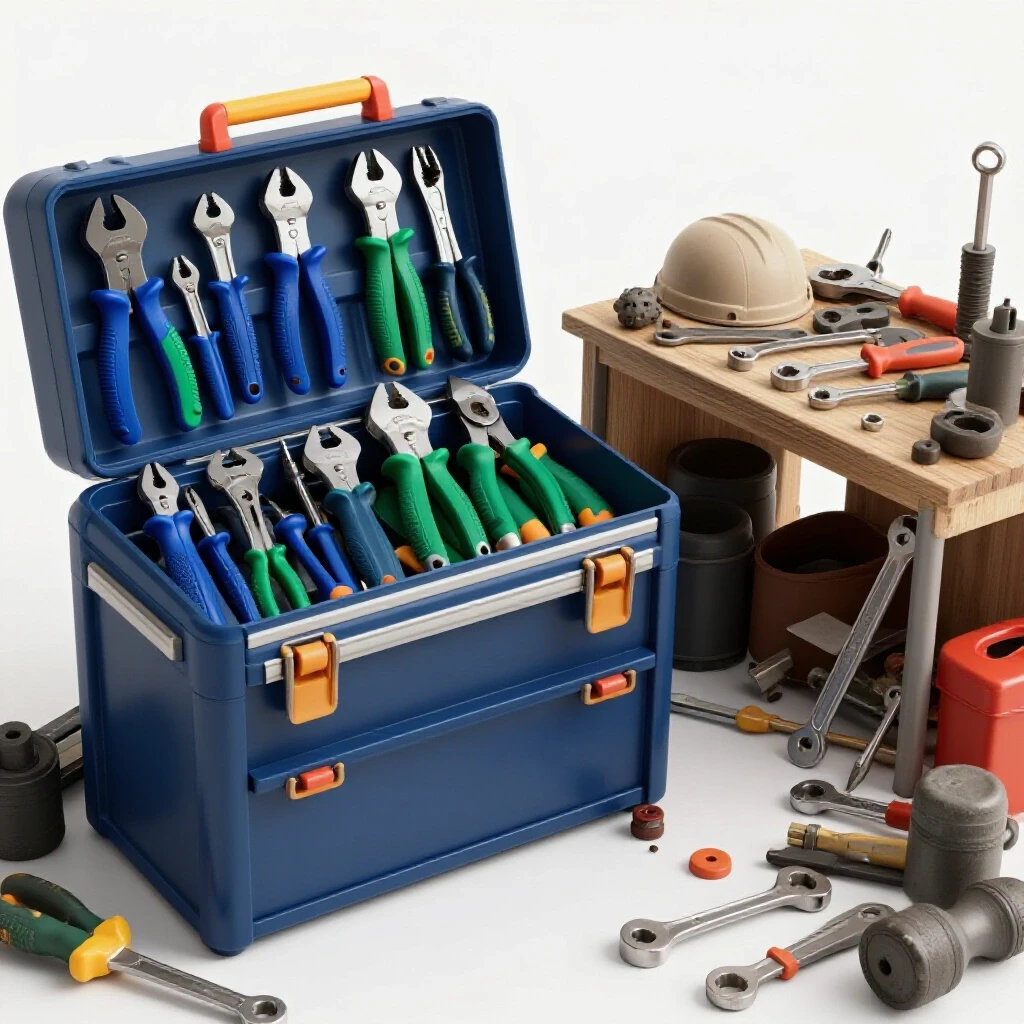 A vibrant organized toolbox with new tools contrasted against a cluttered workspace filled with old tools, illustrating budgeting for tool purchases.