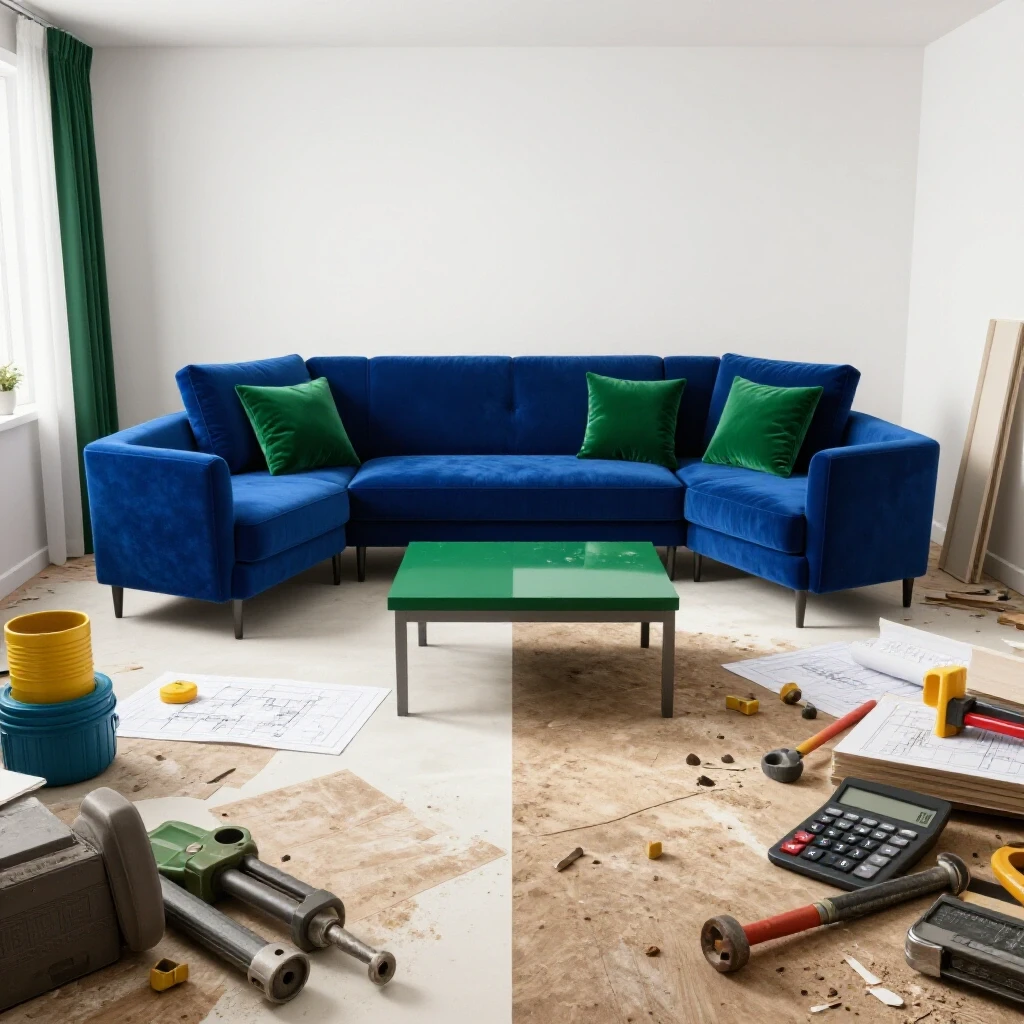 A side-by-side comparison of a beautifully renovated room and a chaotic renovation scene, highlighting budgeting tips for home renovation.