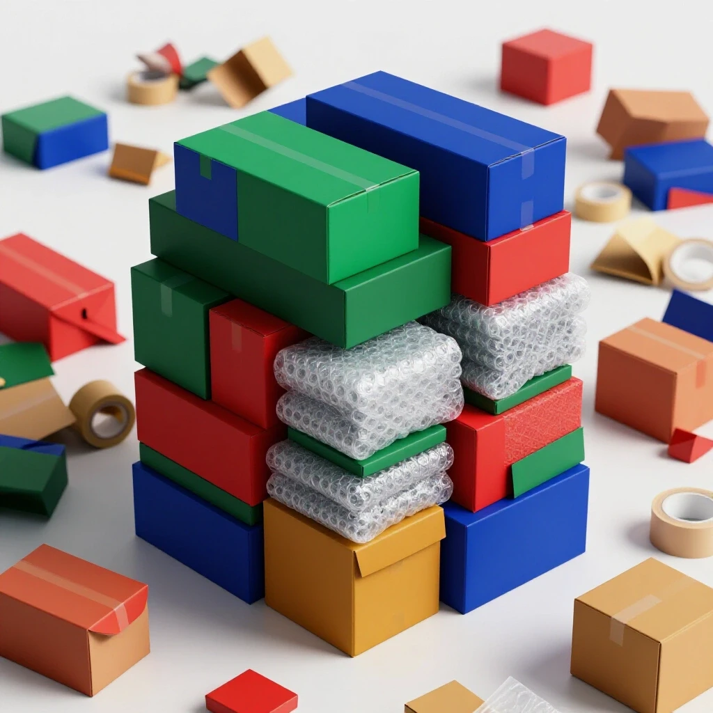 A striking 3D-rendered image showing an organized stack of colorful packing supplies amidst a chaotic pile of unpacked items, emphasizing budgeting for packing.