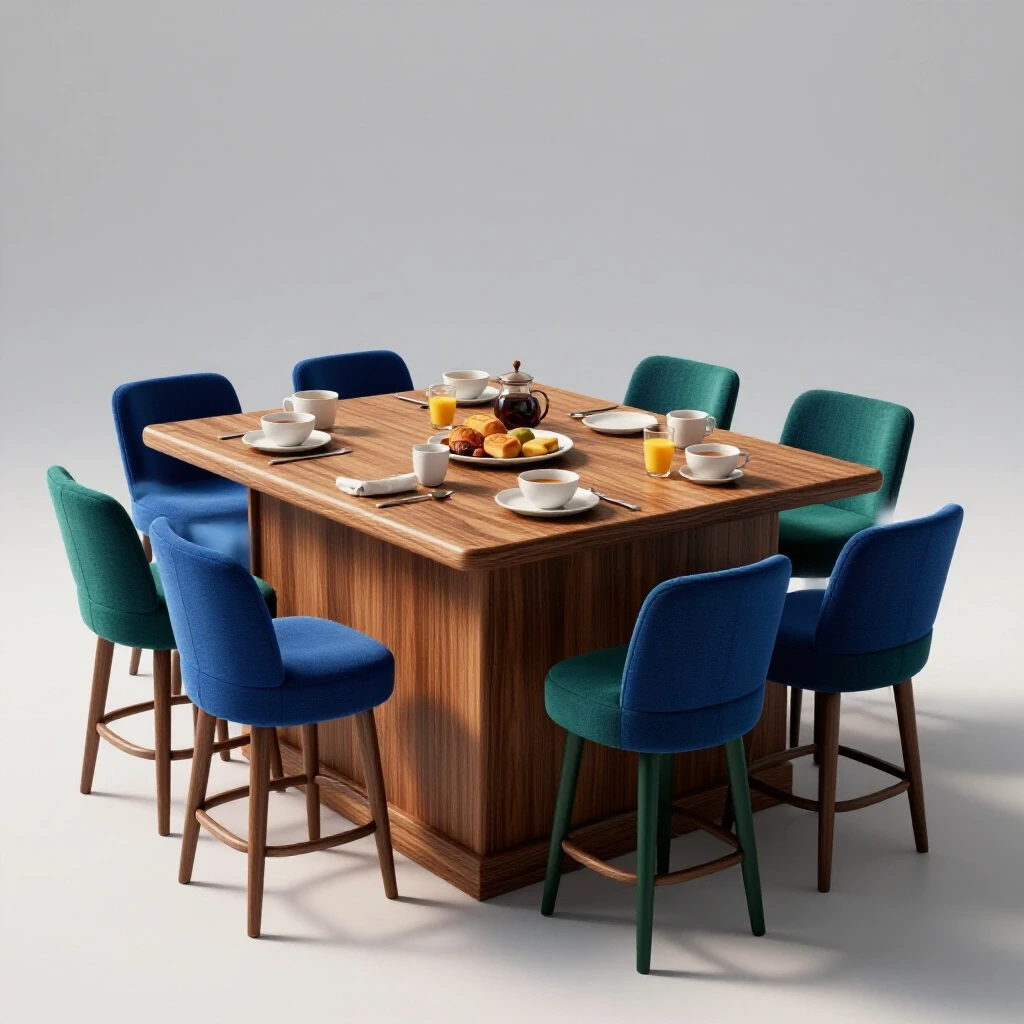 A vibrant breakfast bar showcasing rich wood textures and soft seating in a cozy kitchen setting.