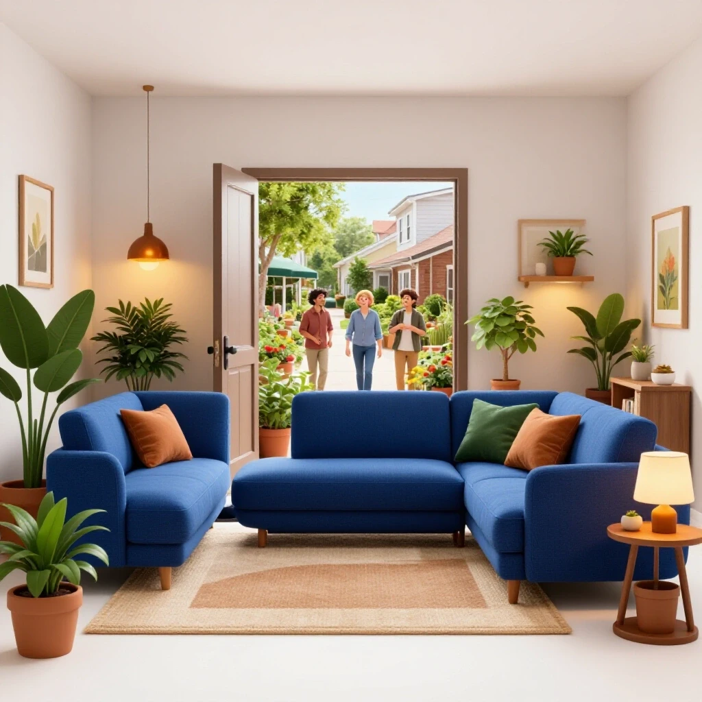 A cozy living room with an open door leading to a vibrant neighborhood, symbolizing community connection.