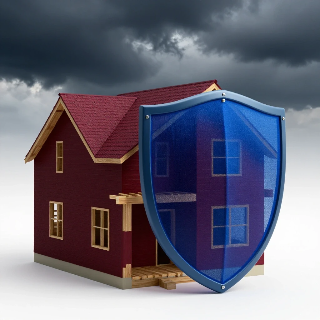 A partially constructed home with a protective shield in front of a stormy sky, symbolizing builders risk coverage.