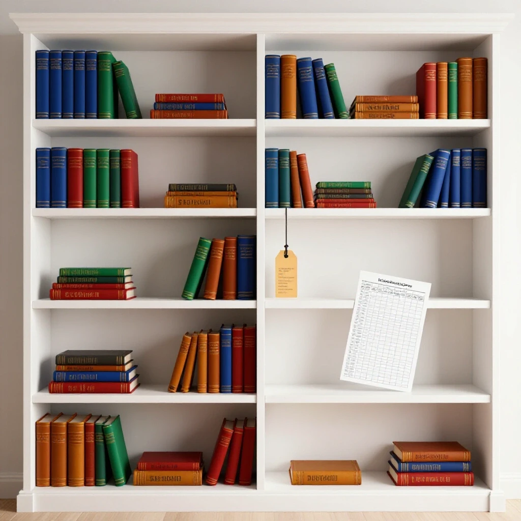 Stylishly designed built-in bookcase with colorful decor and a budget sheet peeking out, highlighting cost aspects.