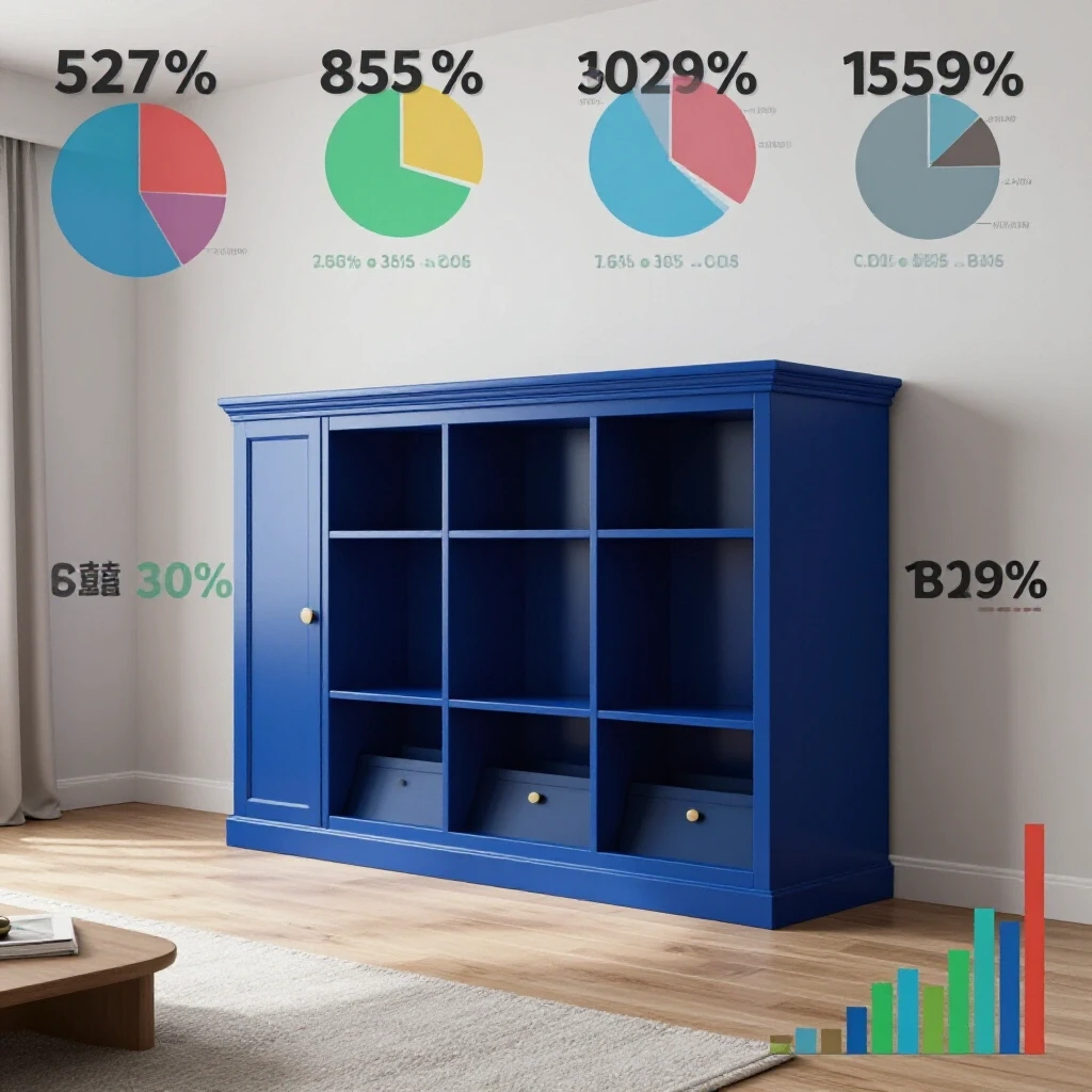 A stylish room showcasing a built-in storage unit with cost breakdown graphics in vibrant colors.