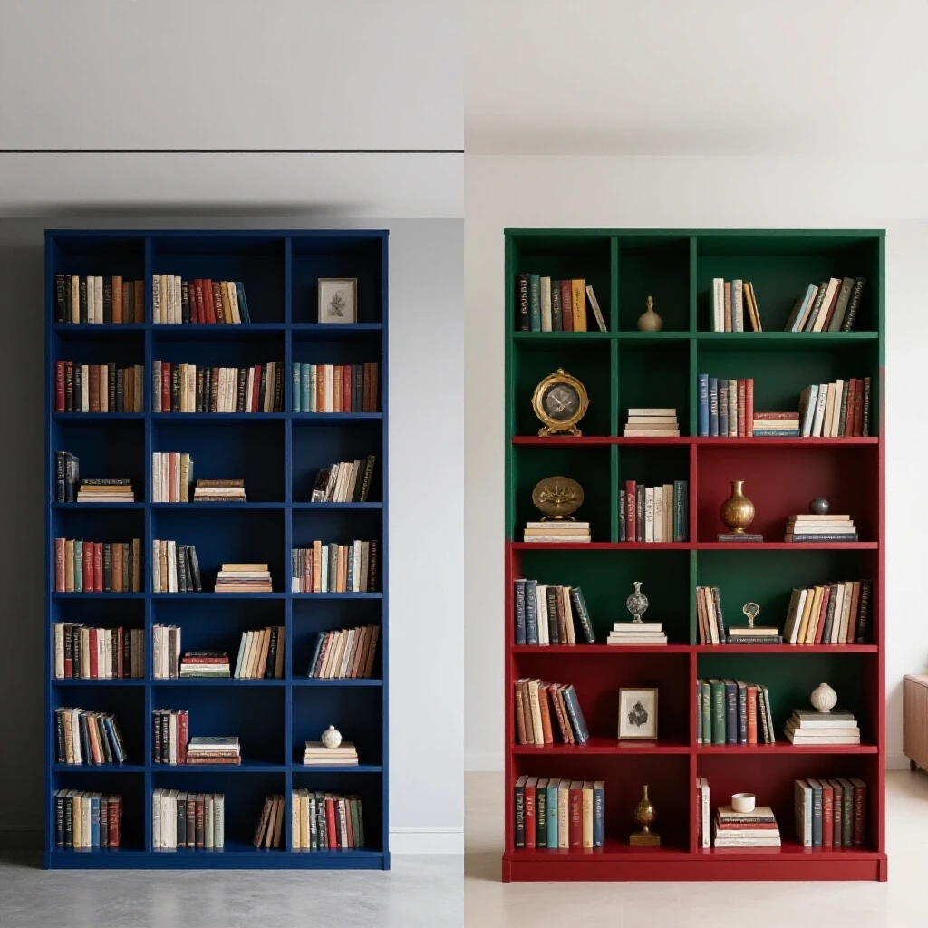 Comparison image featuring a modern built-in bookcase on one side and a cozy freestanding bookcase on the other, showcasing contrasting styles.