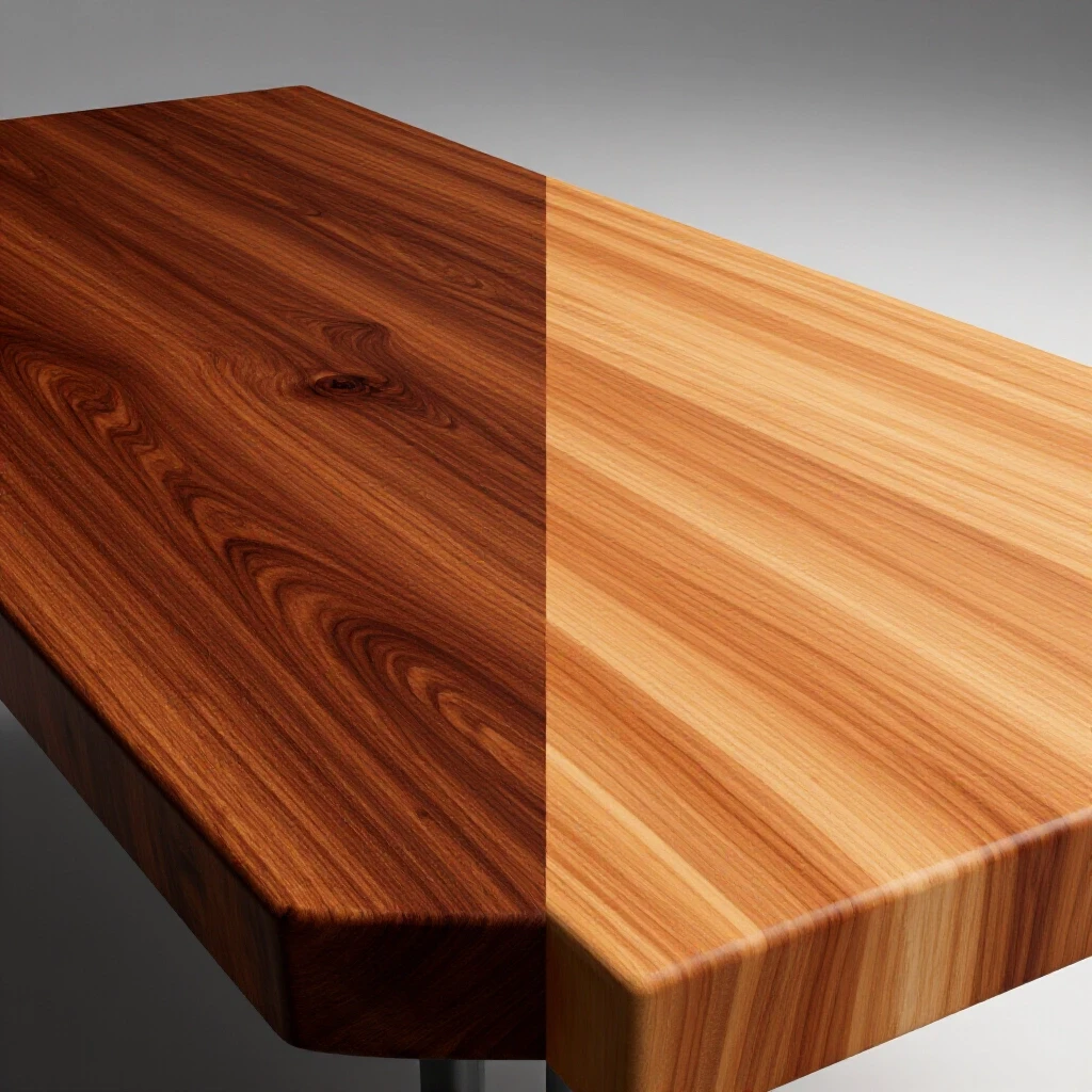 A split image showing a stained butcher block countertop alongside a freshly sanded one, showcasing texture differences.