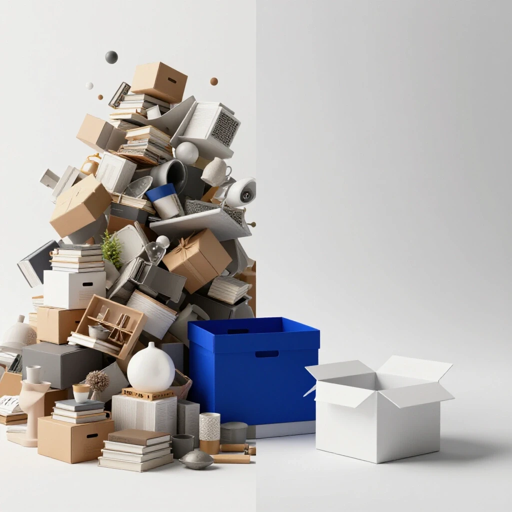 A contrasting image showing a cluttered space with a pile of items on one side and a minimalist serene room with a small box on the other side.