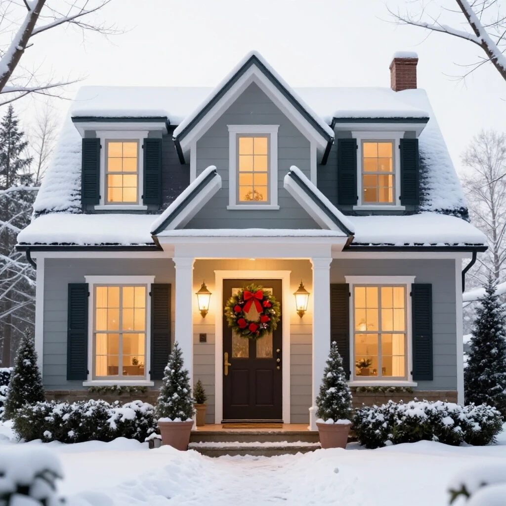 A cozy house adorned with seasonal decorations in a snowy winter scene, evoking warmth and comfort.