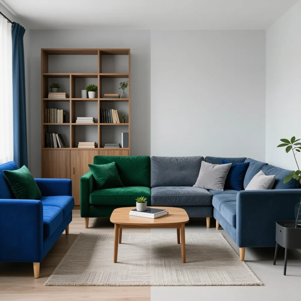 A split-image showcasing the contrast between a cozy living space for homeowners and a minimalistic apartment for renters, in vibrant and muted colors.
