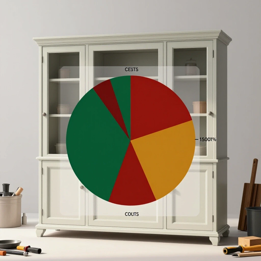 A modern kitchen cabinet with a colorful pie chart overlay depicting renovation costs, tools and materials nearby.