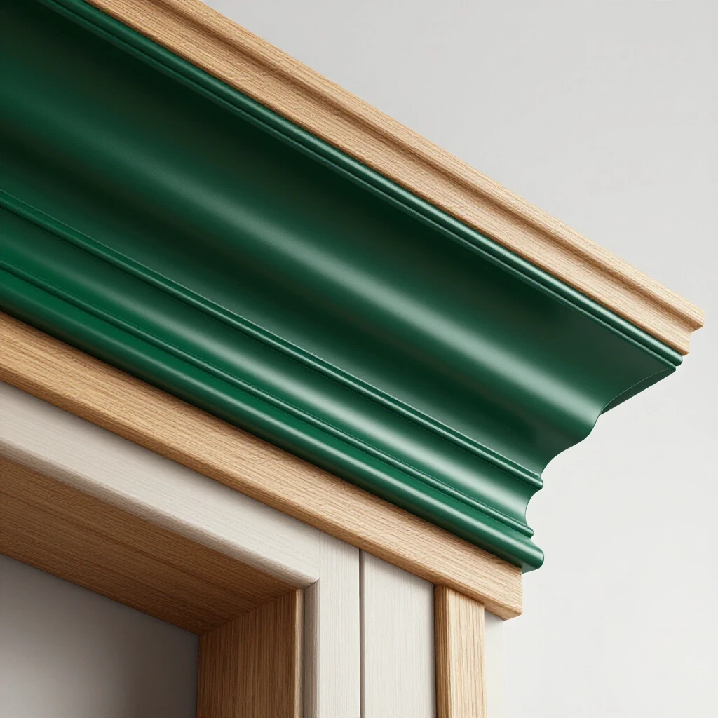 Close-up view of a freshly installed cabinet crown trim against a bright background, showcasing craftsmanship and rich colors.