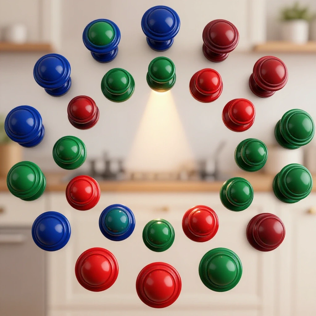 A vibrant array of cabinet knobs in a circular layout, highlighting one standout knob in a stylish kitchen setting.