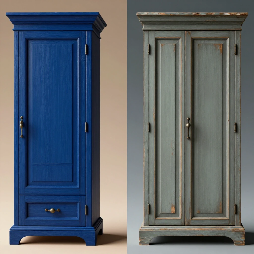 A split screen showcasing a beautifully refaced cabinet in royal blue beside an outdated cabinet, contrasting style and condition.