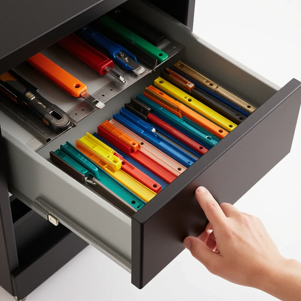 Close-up of a hand sliding a cabinet drawer with vibrant organized tools and colorful slides in the background.