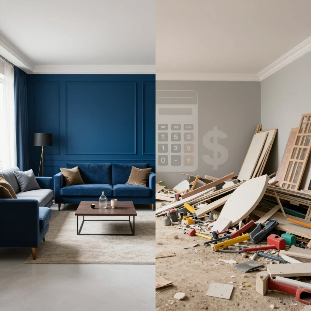 A split image featuring a beautifully renovated living room alongside a chaotic renovation site, symbolizing financial aspects of renovation.