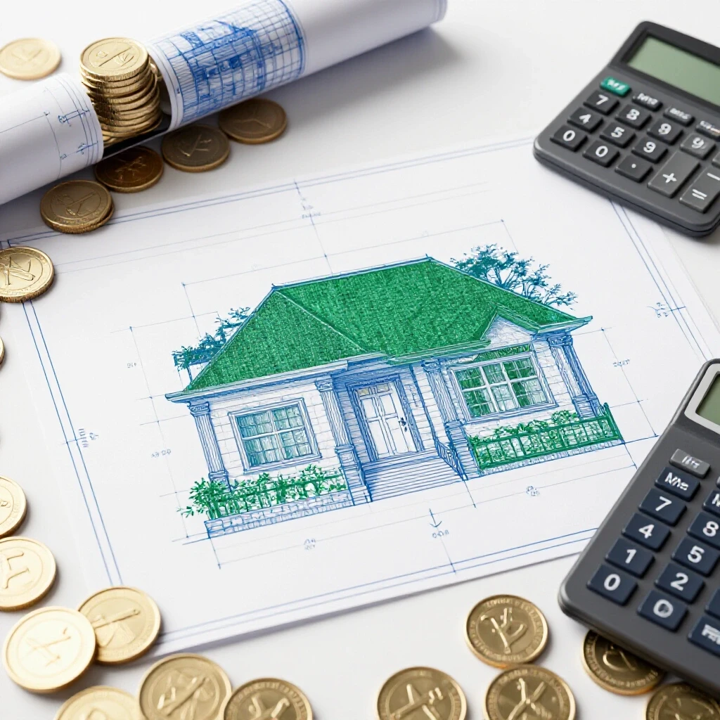 A blueprint of a home project with a pile of coins and a calculator on a bright background, symbolizing budgeting for renovations.