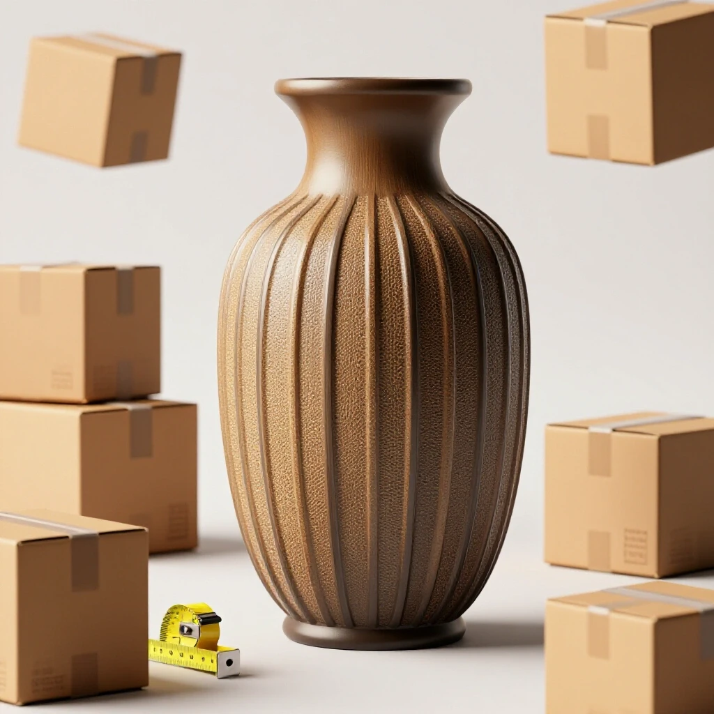 A beautifully styled home decor item with shipping boxes and measuring tape in a bright studio setting.